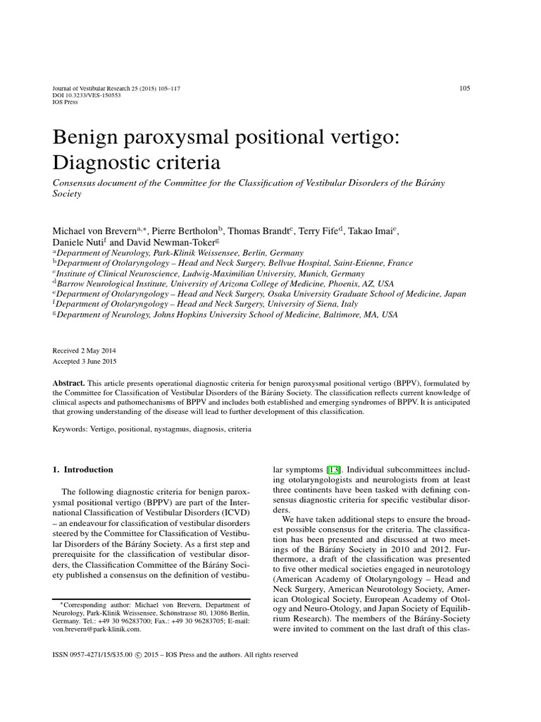BPPV Diagnostic Criteria Consensus Document | PDF | Vertigo | Diseases ...