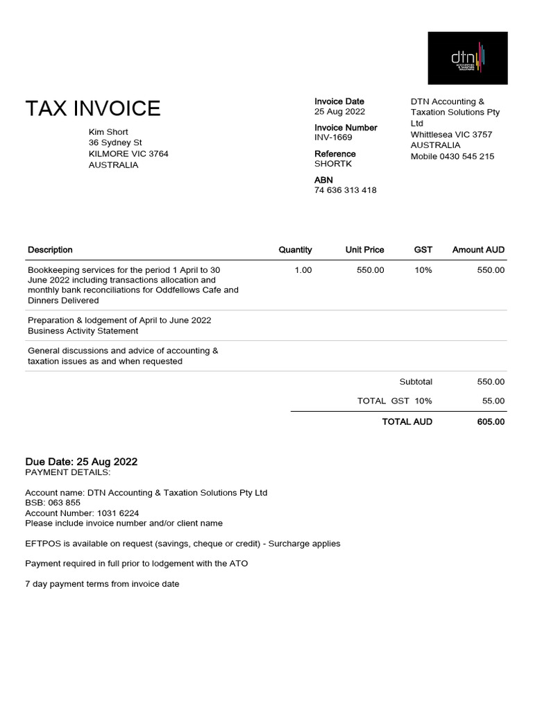 Tax Invoice for Bookkeeping Services | PDF