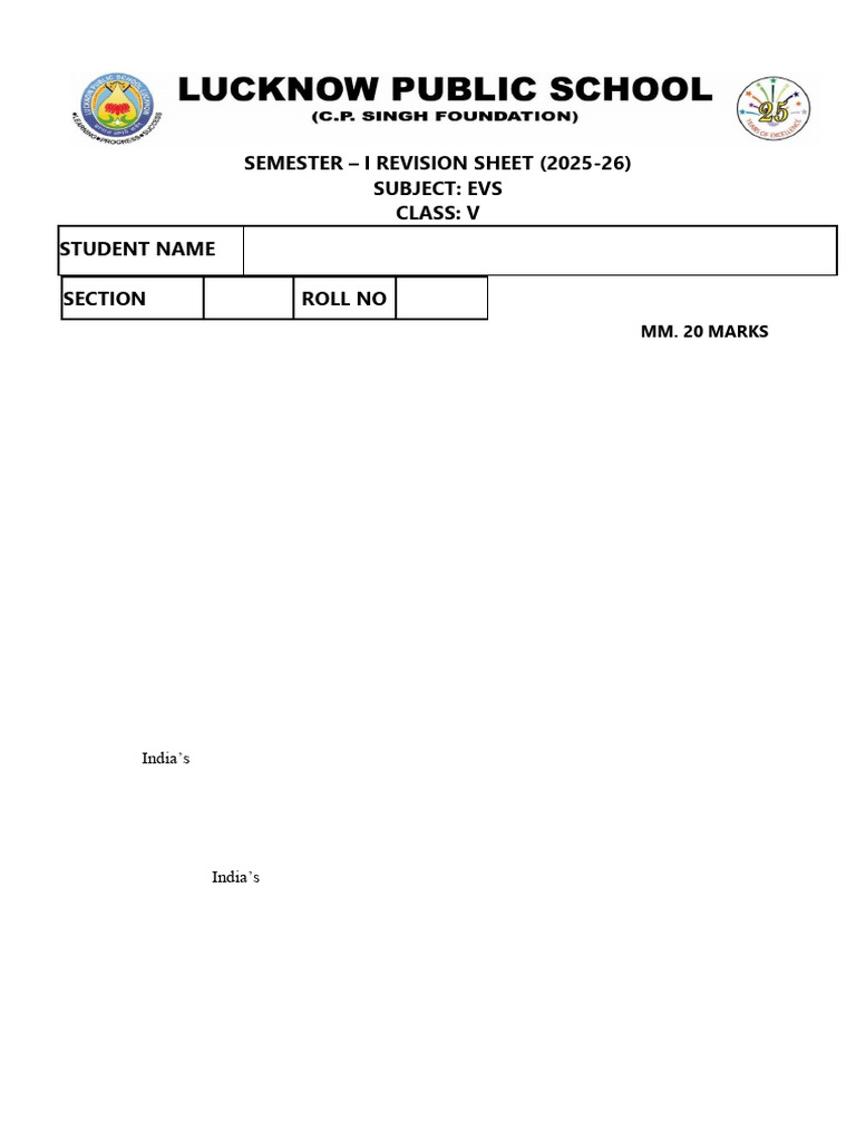 EVS Class V Semester I Revision Sheet | PDF | Chess