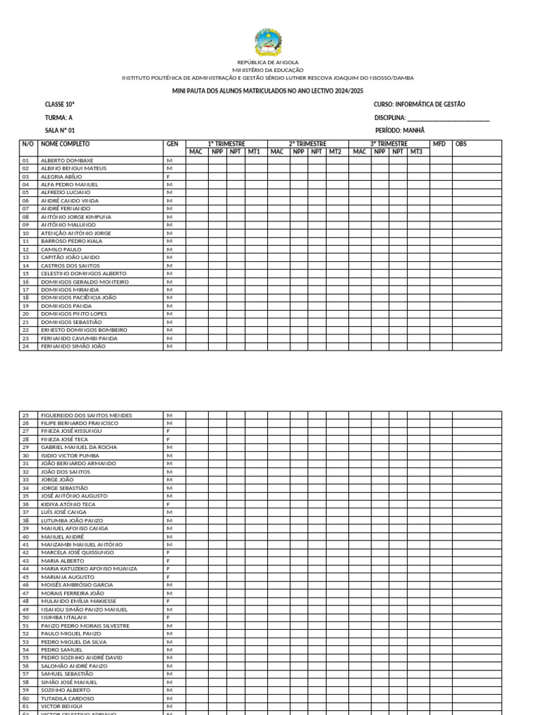 Mini Pauta Alunos 2024/2025 Angola | PDF