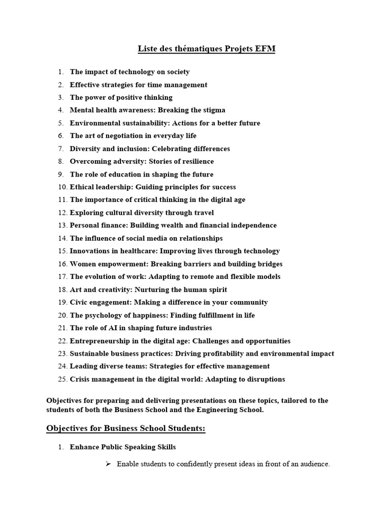 EFM Project Themes and Presentation Goals | PDF | Critical Thinking ...