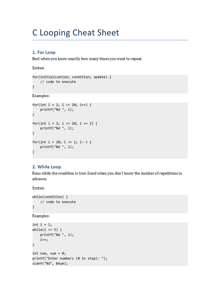 C Looping Structures Cheat Sheet | PDF