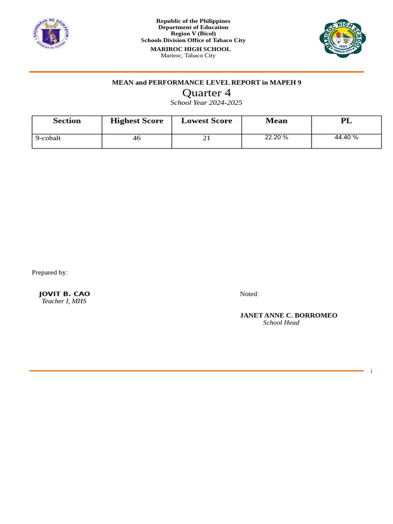 MAPEH 9 Performance Report Q4 2024-2025 | PDF