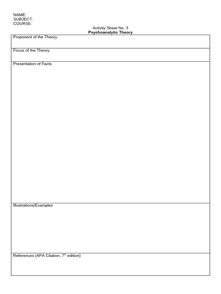 Psychoanalytic Theory Activity Sheet | PDF