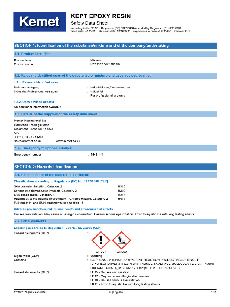 KEPT EPOXY RESIN Safety Data Sheet | PDF | Toxicity | Dangerous Goods