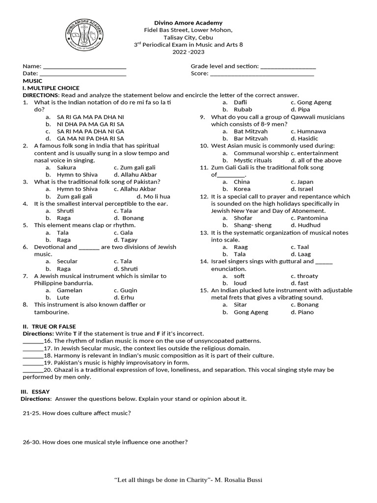 Music and Arts Exam for Grade 8 | PDF