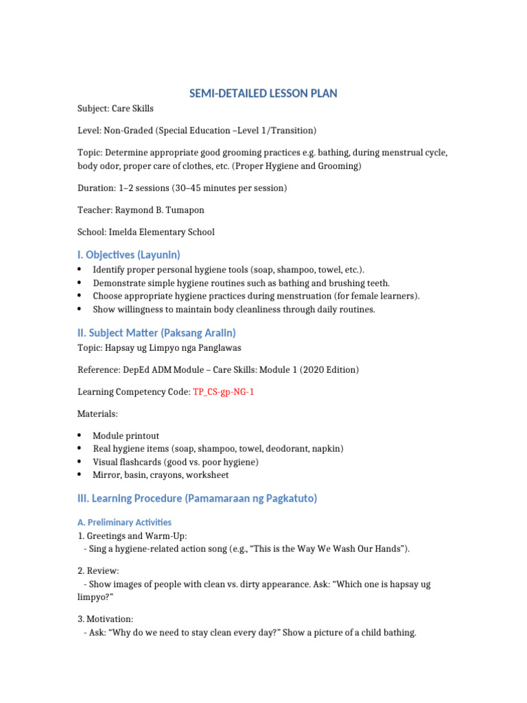 Good Grooming Practices Lesson Plan | PDF | Hygiene | Learning