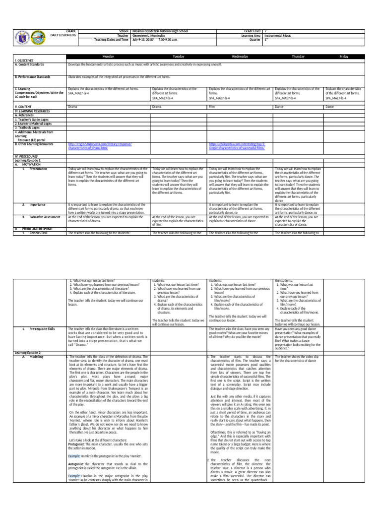 Grade 7 Instrumental Music Lesson Plan | PDF | Plot (Narrative)