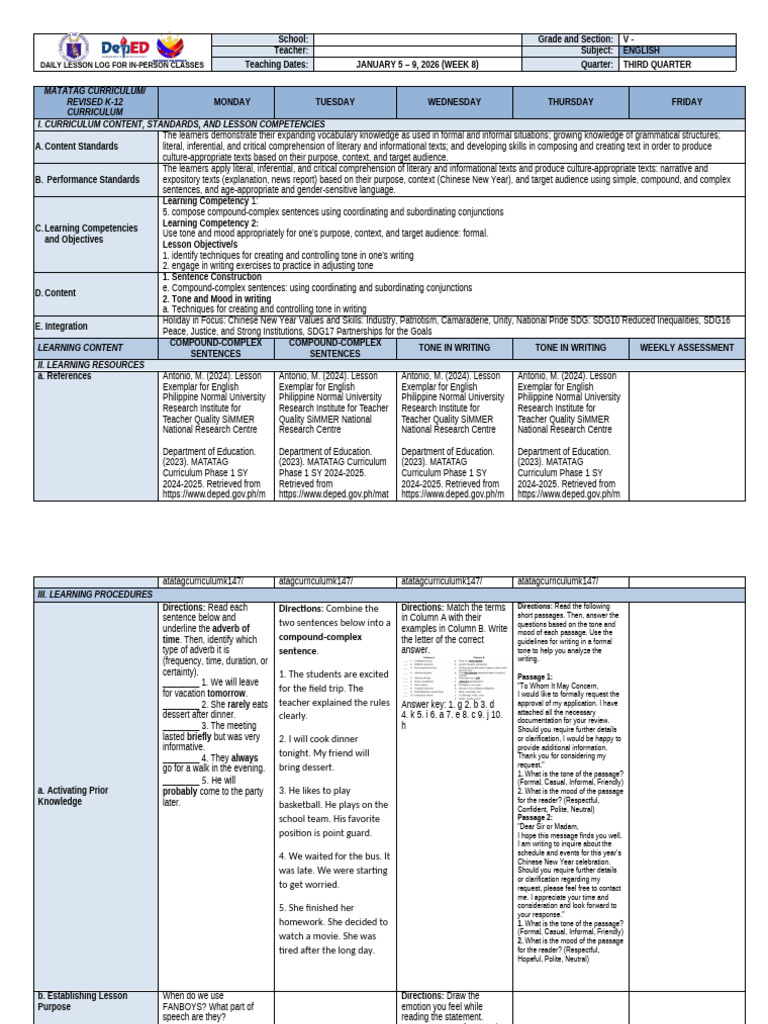 English Lesson Plan: Tone & Sentences | PDF | Feeling | Curriculum