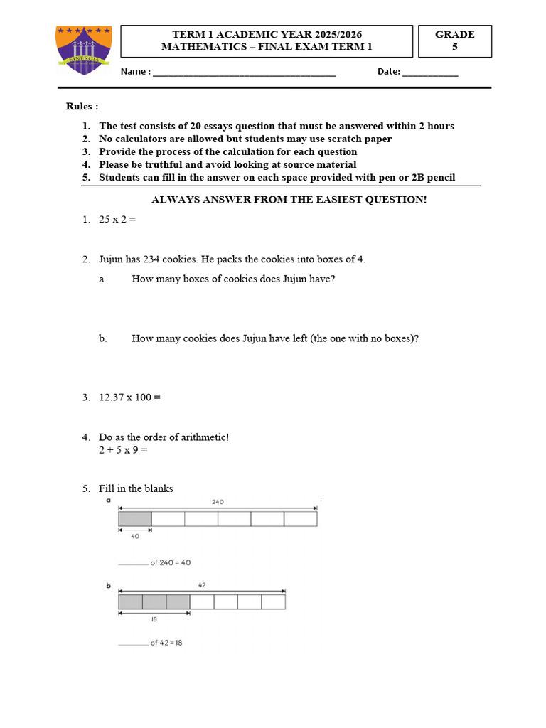 Grade 5 Term 1 Math Final Exam | PDF | Mathematics | Arithmetic