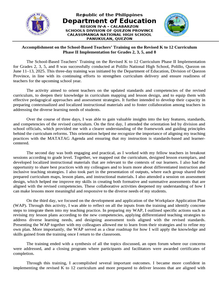 Teachers' Training on K to 12 Curriculum | PDF | Differentiated ...