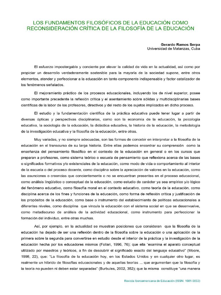 Los Fundamentos Filosóficos de La Educación Como Reconsideración ...