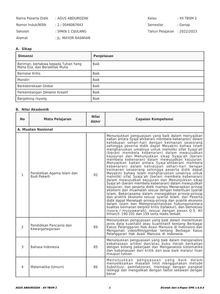 Rapor Agus Abdurozak XII TBSM 2 | PDF