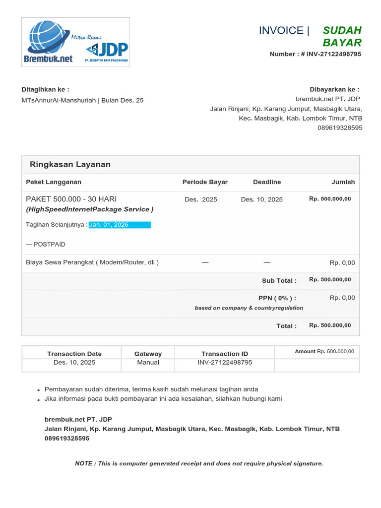 Invoice Pembayaran Paket Internet Desember | PDF