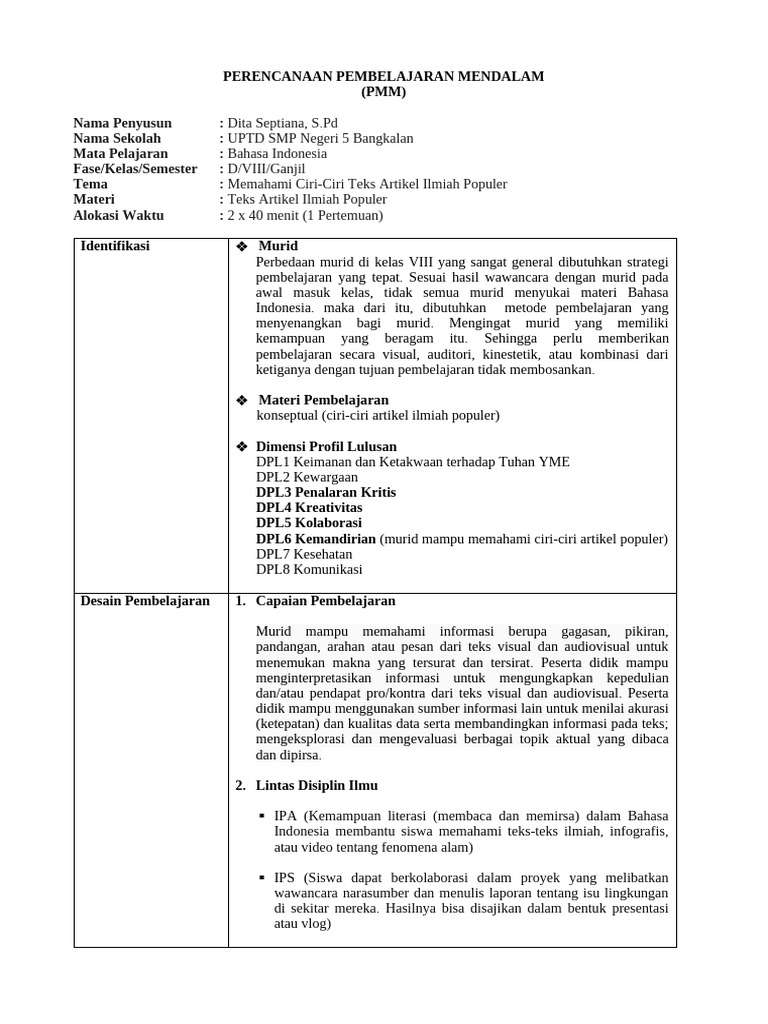 Rencana Pembelajaran Teks Artikel Ilmiah | PDF