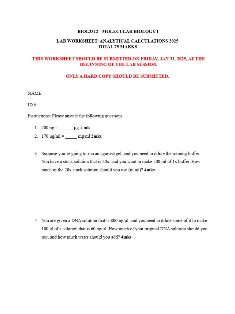 Molecular Biology Lab Calculations Worksheet | PDF | Agarose Gel ...