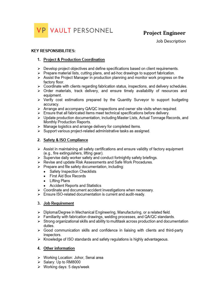 Job Description - Project Engineer | PDF | Safety | Occupational Safety ...