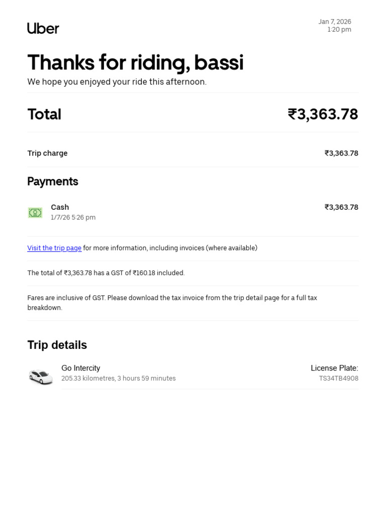 Uber Trip Invoice Summary - Jan 7, 2026 | PDF