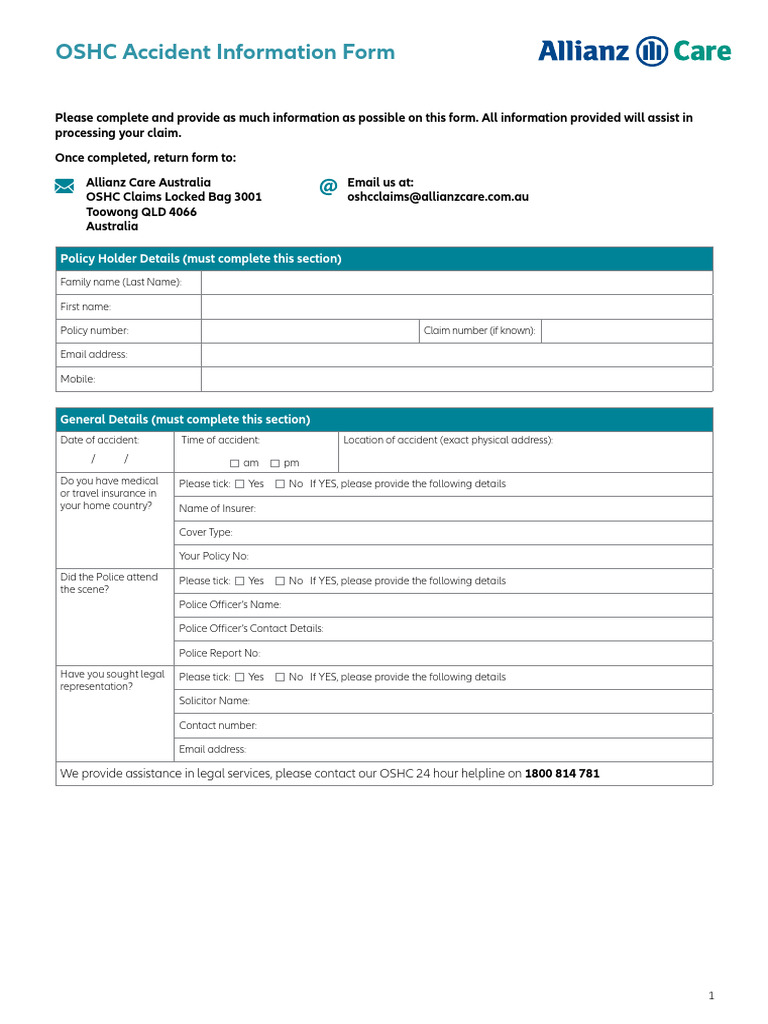 C34990442 - OSHC Accident Information Form | PDF | Insurance | Consent