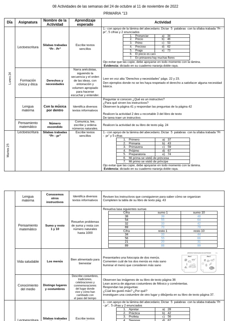 08 Actividades de Las Semanas Del 24 de Octubre Al 4 de Noviembre de ...