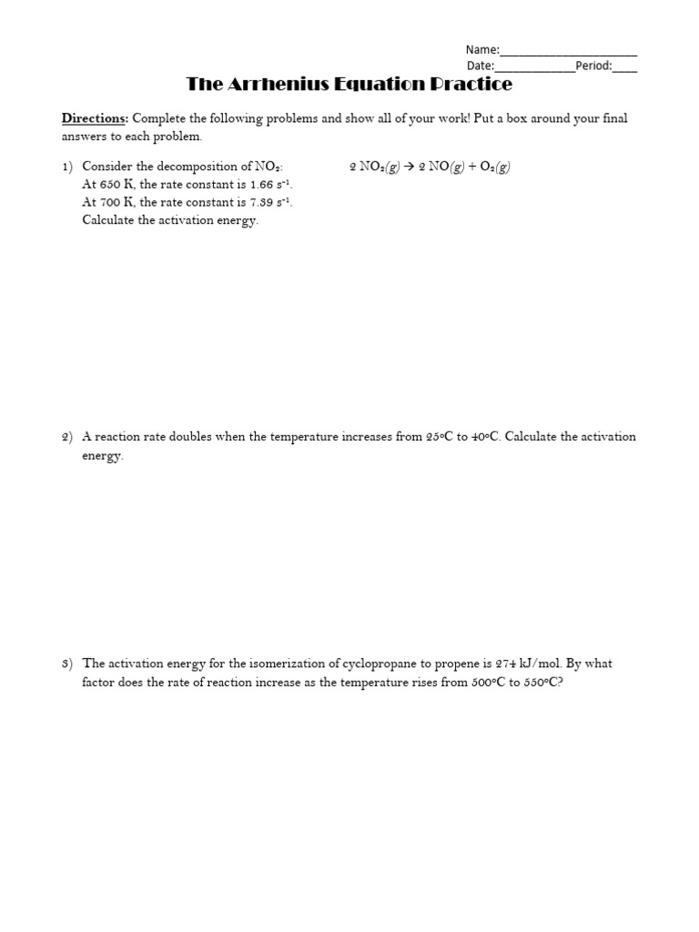 Arrhenius Equation Practice Problems | PDF