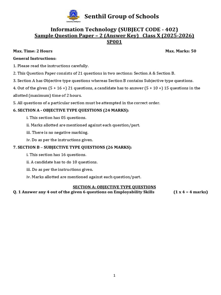 IT Sample Question Paper Class X 2025-26 | PDF