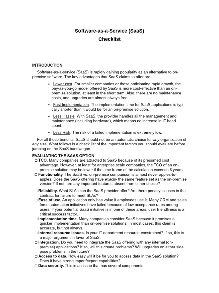 Essential SaaS Evaluation Checklist | PDF | Software As A Service ...
