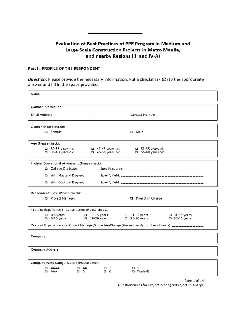 Survey Questionnaires Project Manager Project in Charge | PDF ...
