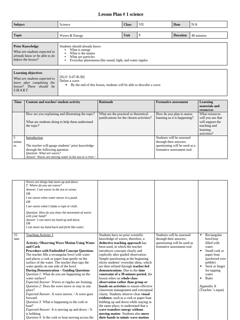Waves and Energy Lesson Plan for VII | PDF | Waves | Teachers