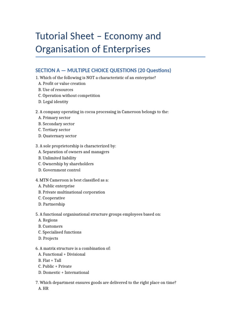 Economy and Organization of Enterprises Quiz | PDF | Business ...