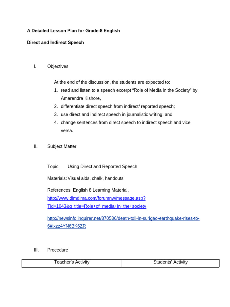 Grade 8 Lesson Plan: Direct & Indirect Speech | PDF