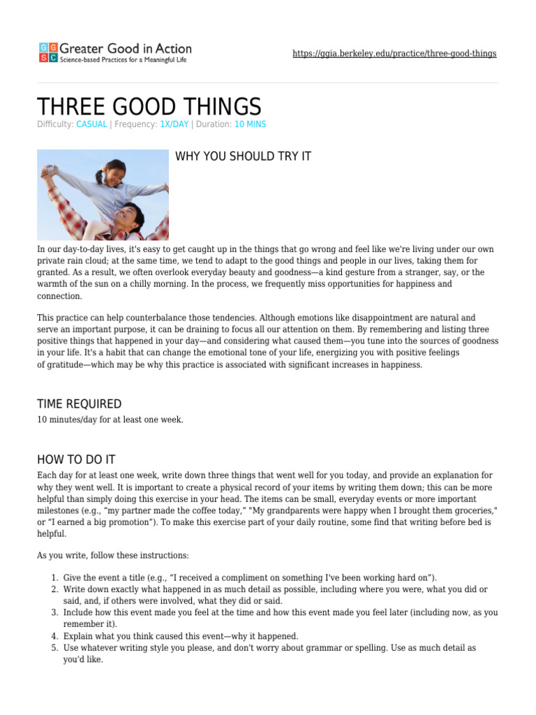 Daily Gratitude: Three Good Things | PDF | Positive Psychology | Social ...