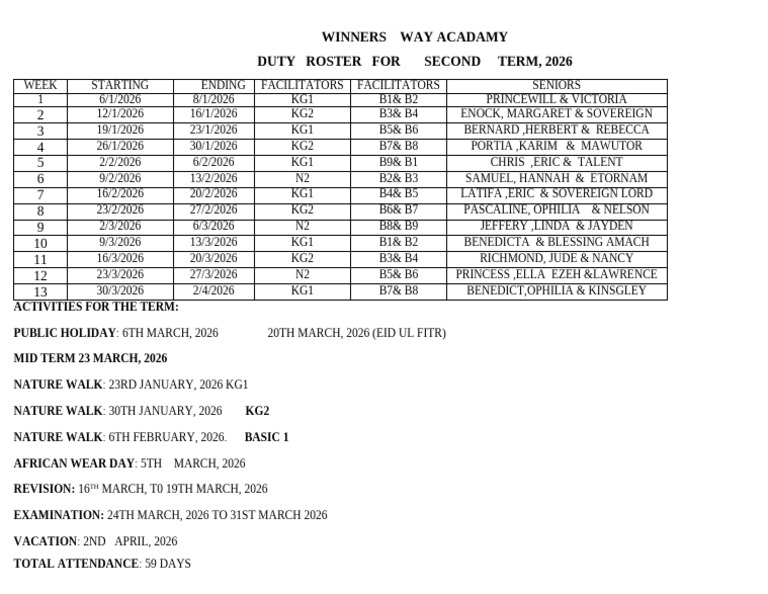 2026 Second Term Duty Roster | PDF