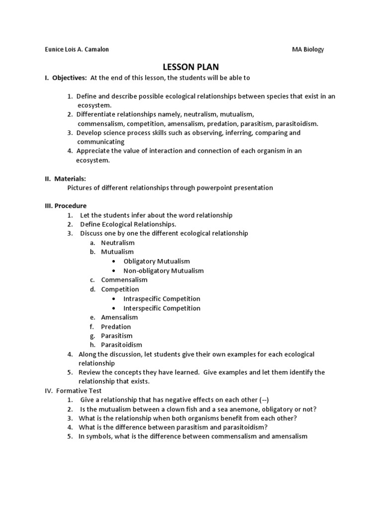 Ecological Relationships Lesson Plan | PDF | Symbiosis | Biogeography