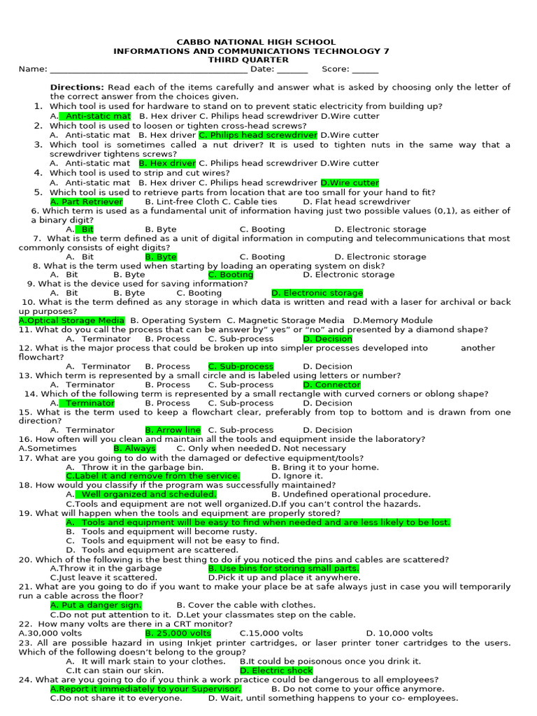 ICT 7 CHS EXAM | PDF | Bit | Booting