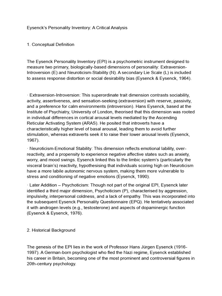 Eysenck Personality Inventory Analysis | PDF | Extraversion And ...