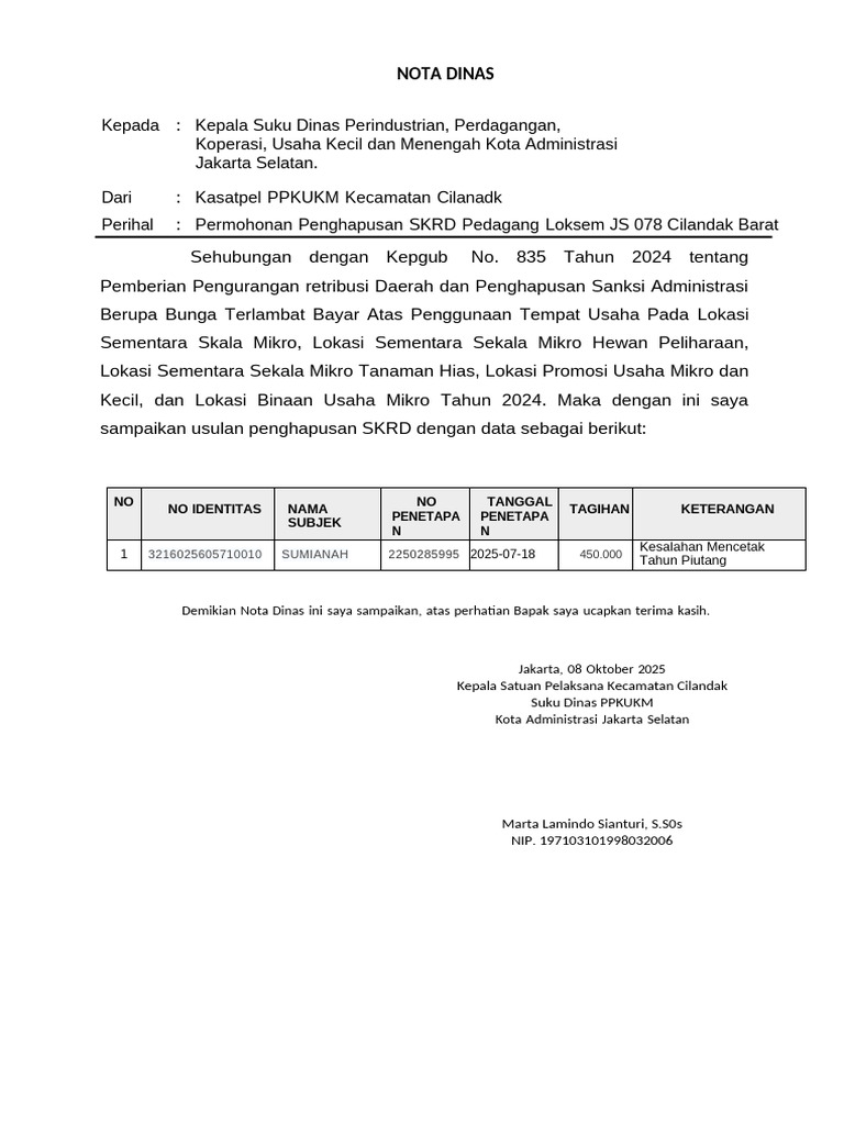 Permohonan Penghapusan SKRD Cilandak | PDF