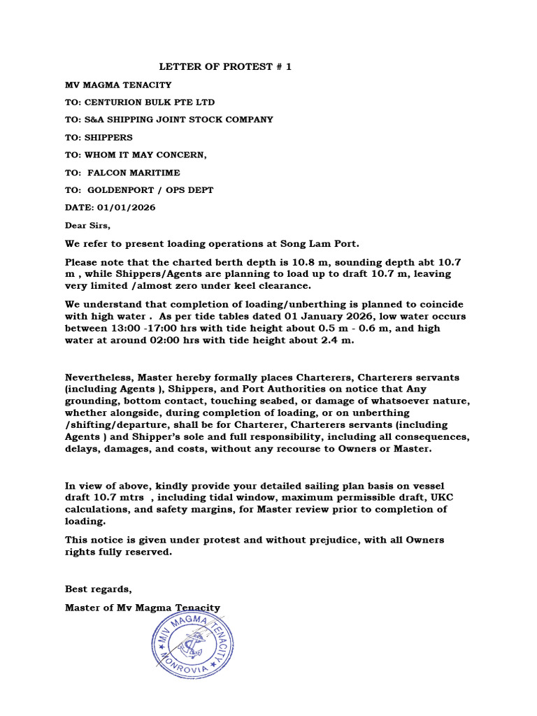 Protest Letter on Loading Operations | PDF