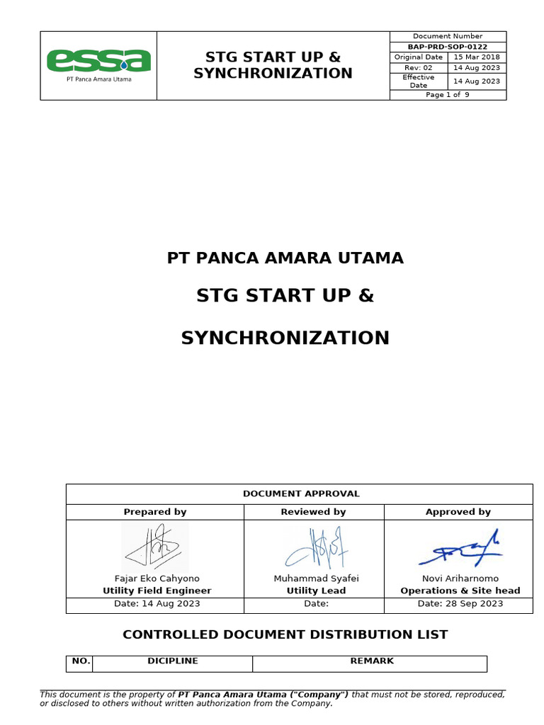 230814 BAP-PRD-SOP-0122 STG Start up & Synchronization R02 | PDF ...