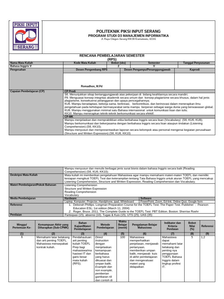 RPS Bahasa Inggris V Politeknik Piksi Input | PDF
