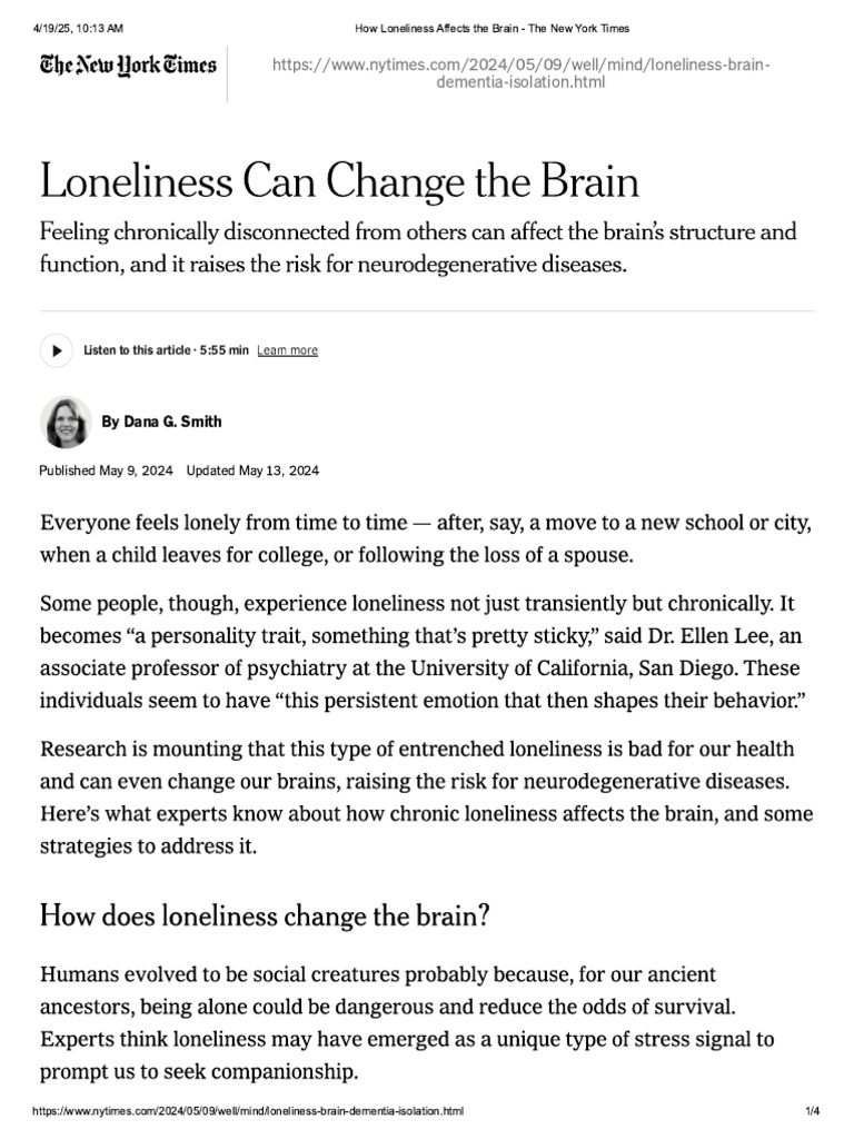 How Loneliness Affects The Brain - The New York Times | PDF