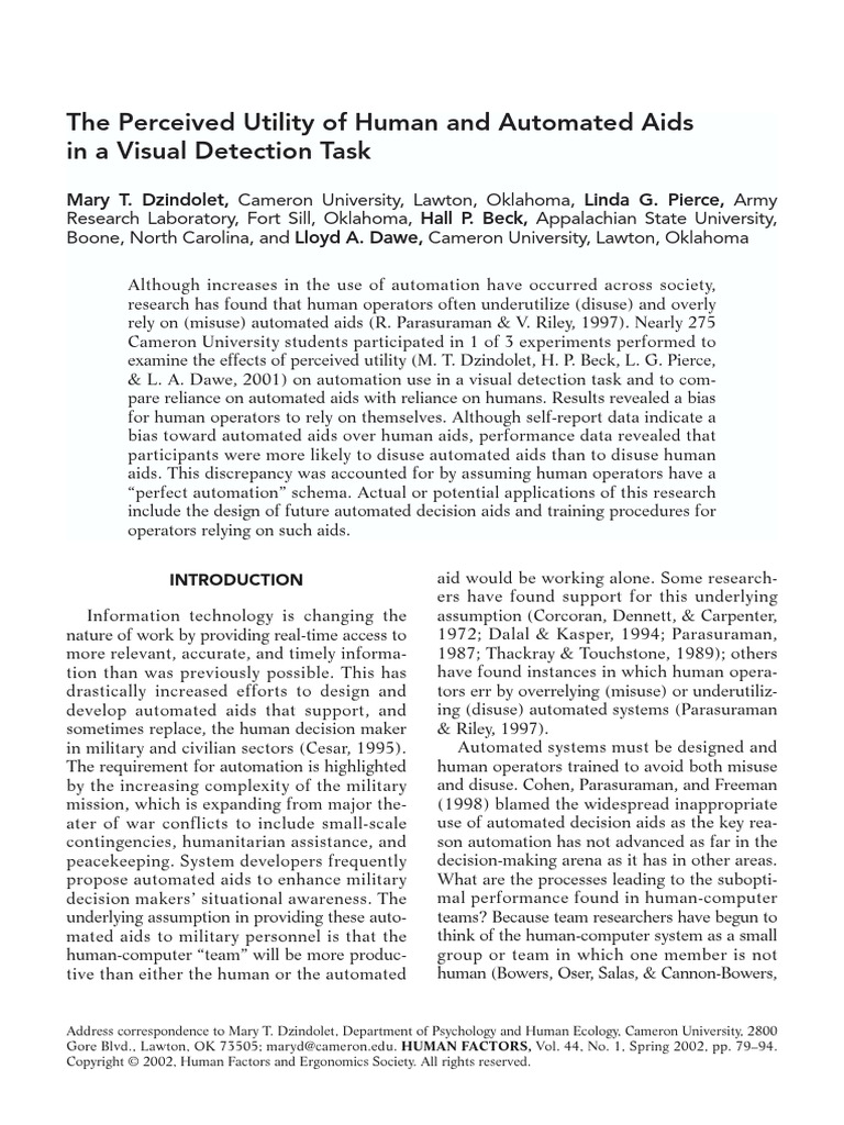 Dzindolet - 2002 - The Perceived Utility of Human and Automated Aids ...