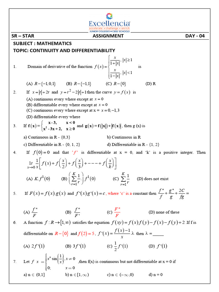 Mathematics Assignment on Continuity & Differentiability | PDF ...