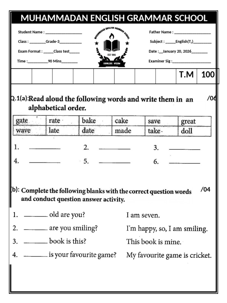 Grade 3 English Class Test Format | PDF