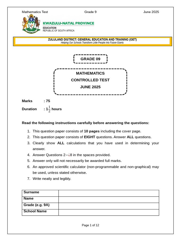 Grade 9 Mathematics Test June 2025 | PDF | Numbers | Square Root