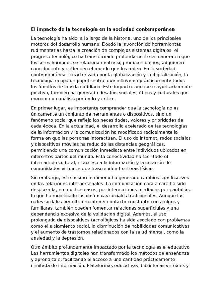 Impacto de la Tecnología en la Sociedad | PDF | Internet | Sociedad