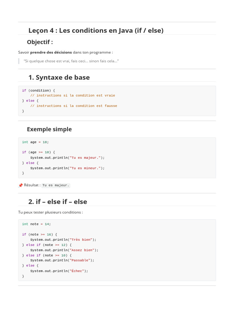 Conditions if/else en Java : Guide complet | PDF | Java (Langage de ...