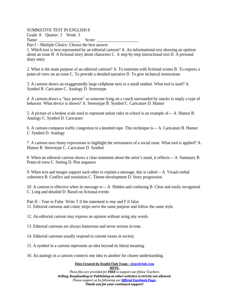 English 8 Summative Test on Cartoons | PDF | Cartoon | Drawing