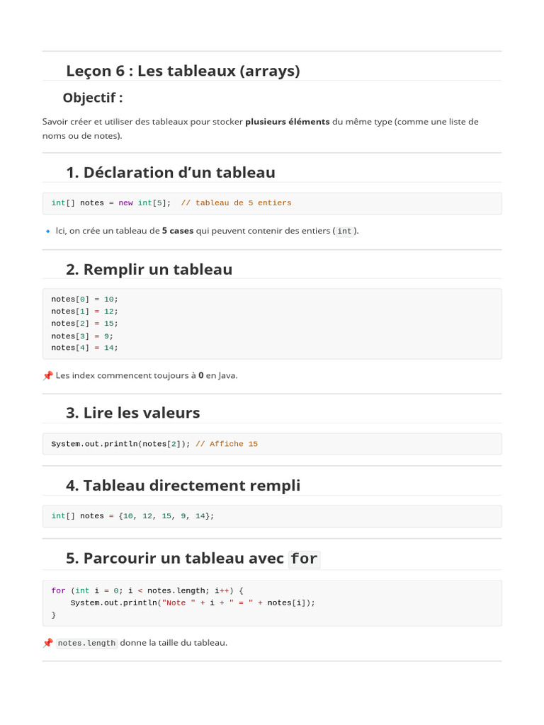 Création et utilisation des tableaux en Java | PDF
