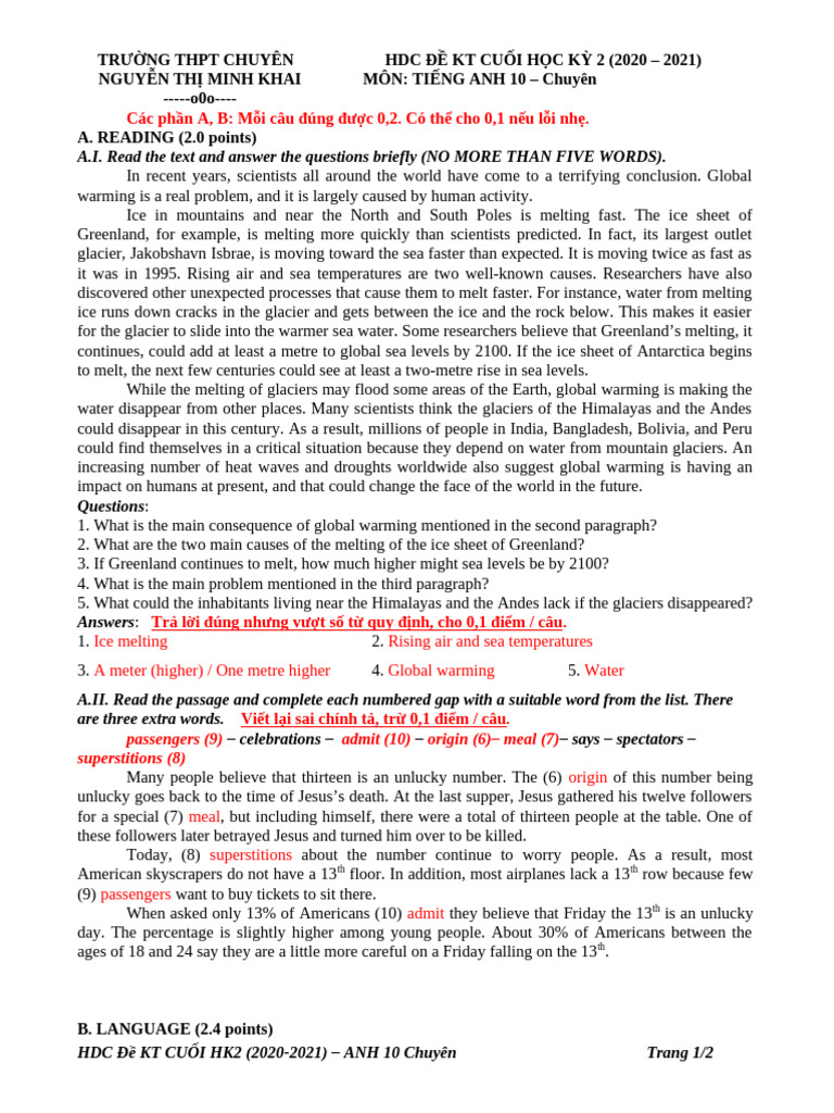 ANSWER KEYS - GRADE 10 - PRACTICE TEST | PDF | Glacier | Ice